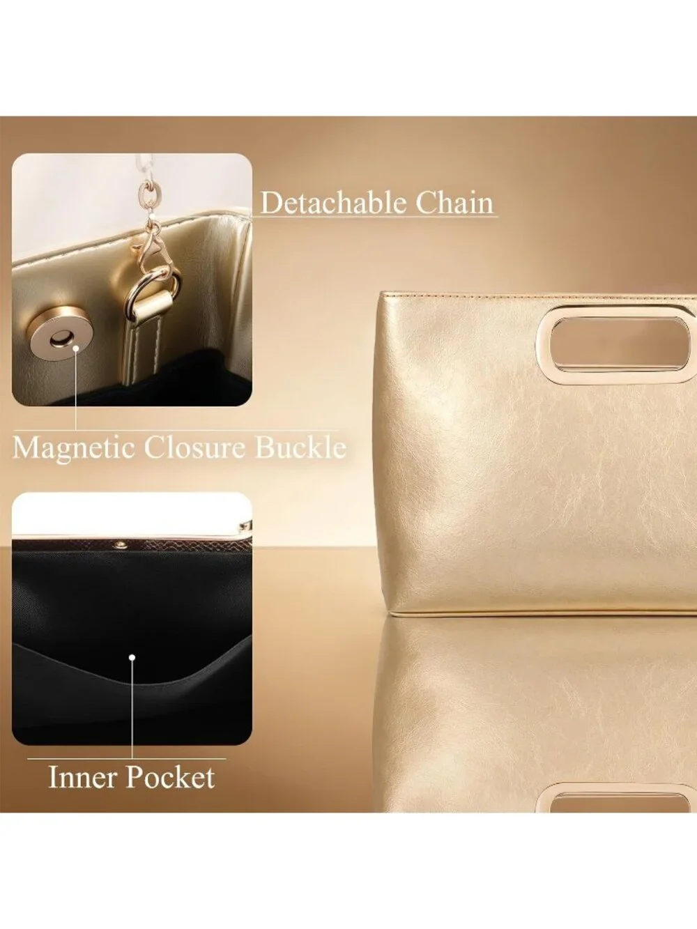 Women Gold Clutch Handbag Modern Faux Leather with Metal Handle Evening Bag